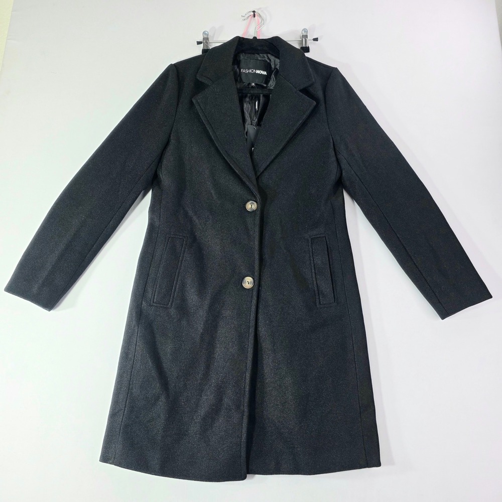 Fashion Nova Julia Wool Coat Black Mid-Length Button Front Size Medium